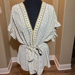 💛MAX Studio Ruffle Sleeve Belted V-Neck Yellow Blouse Size XL